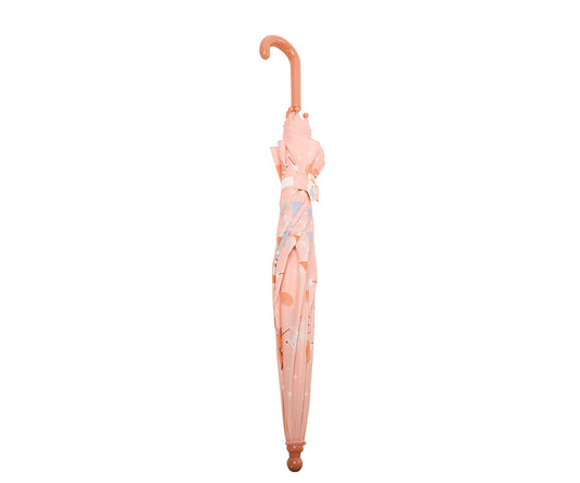 Ombrello Mouse Fairies Tutete - vista laterale chiuso rosa cipria con fascia di chiusura a clip e targhetta per il nome, manico J rosa cipria