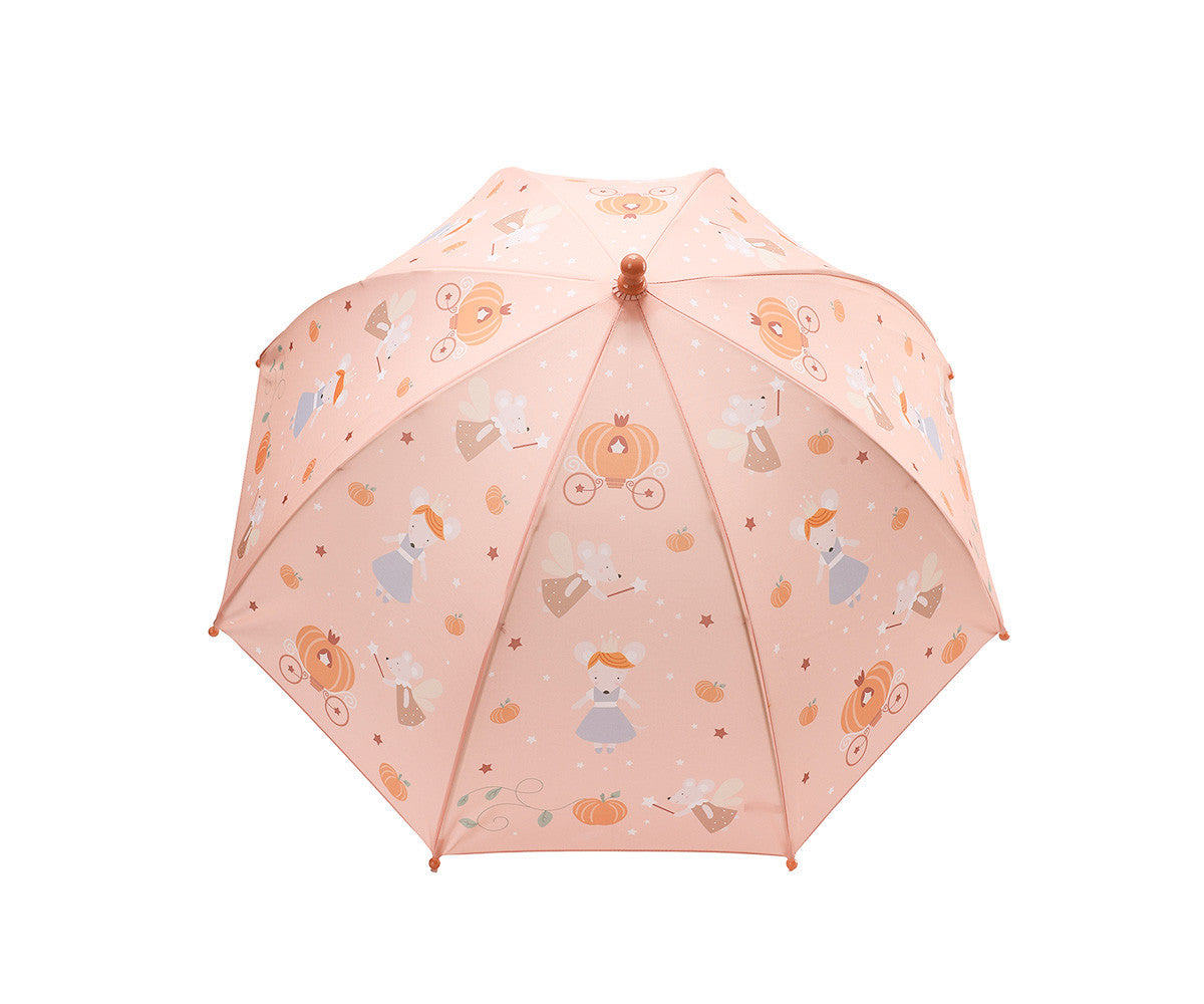 Ombrello Mouse Fairies Tutete - vista dall'alto aperto rosa cipria con pattern all-over topolina Cenerentola fata madrina carrozze zucca stelle e puntale decorativo