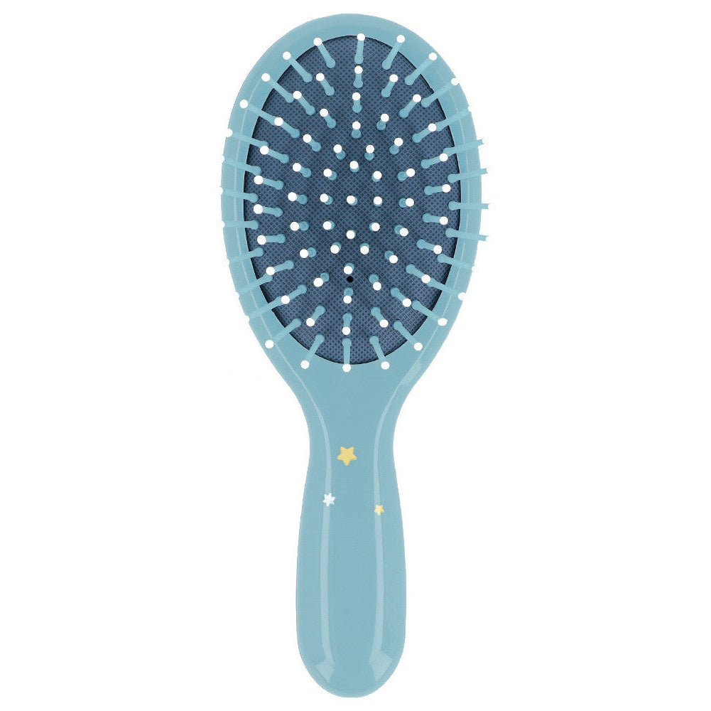 Spazzola Capelli Bambini Pandas in Space Tutete - vista frontale verde acqua con setole nylon sfera protettiva e stelle sul manico