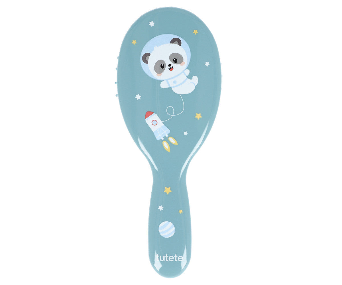 Spazzola Capelli Bambini Pandas in Space Tutete - retro con illustrazione panda astronauta, razzo e stelle dorate su sfondo verde acqua