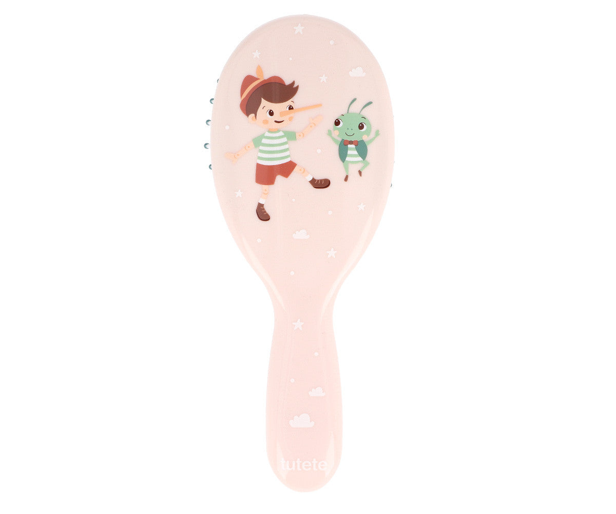 Spazzola Capelli Wooden Boy Tutete - dorso rosa cipria con Pinocchio e Grillo illustrati, setole nylon con sfera protettiva