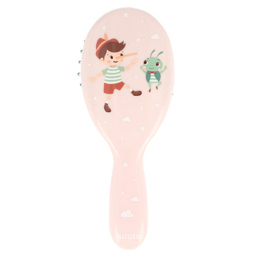 Spazzola Capelli Wooden Boy Tutete - dorso rosa cipria con Pinocchio e Grillo illustrati, setole nylon con sfera protettiva