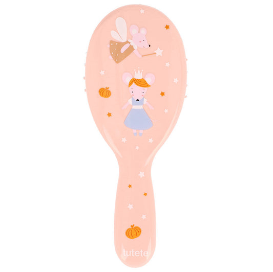 Spazzola Capelli Mouse Fairies Tutete - vista frontale rosa cipria con illustrazione topolina Cenerentola abito azzurro e fata madrina topolina con bacchetta magica, stelle e zucche dorate su sfondo rosa cipria