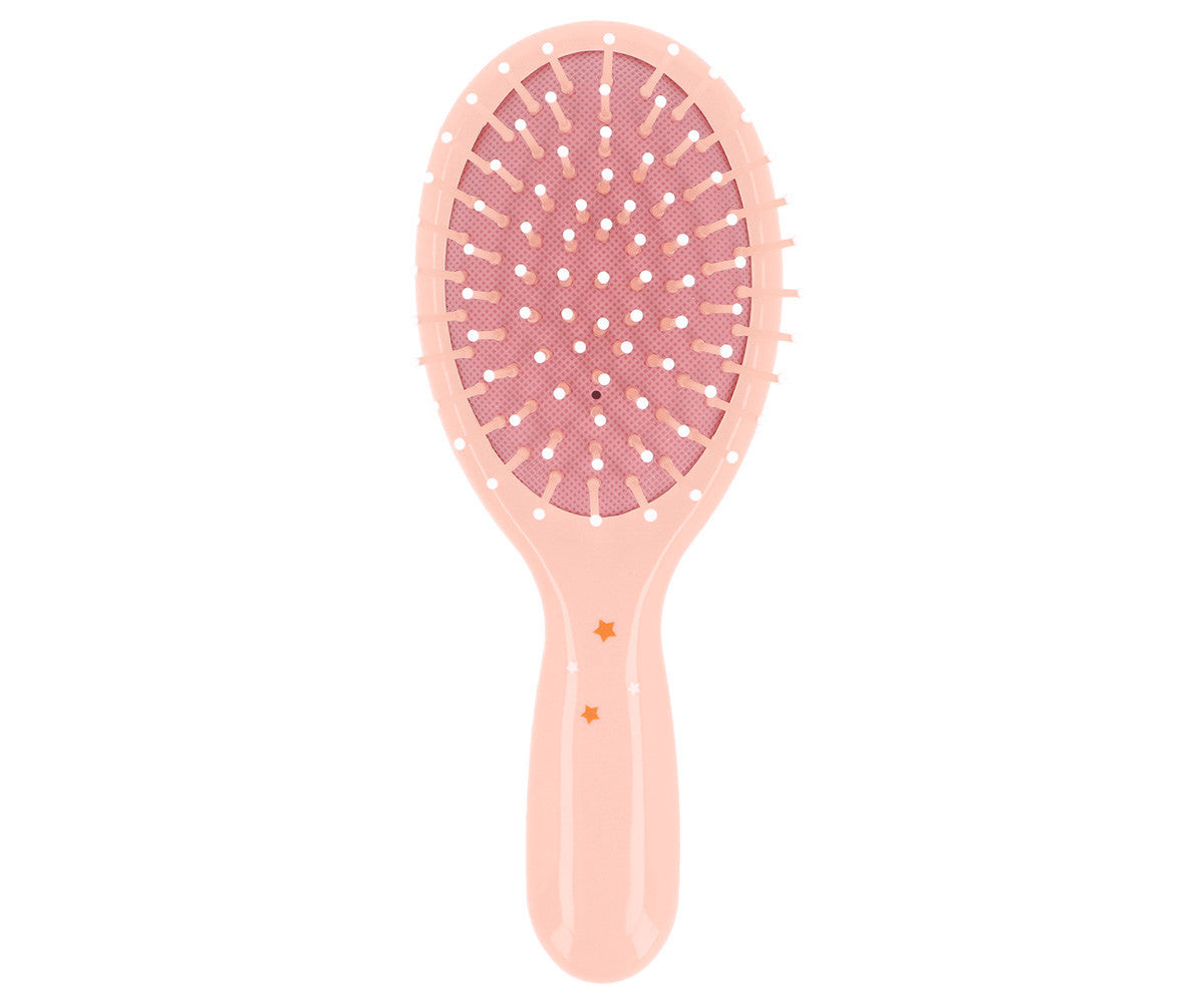 Spazzola Capelli Mouse Fairies Tutete - vista retro con setole in nylon con sfera protettiva bianca su cuscinetto rosa cipria e stelle dorate sul manico