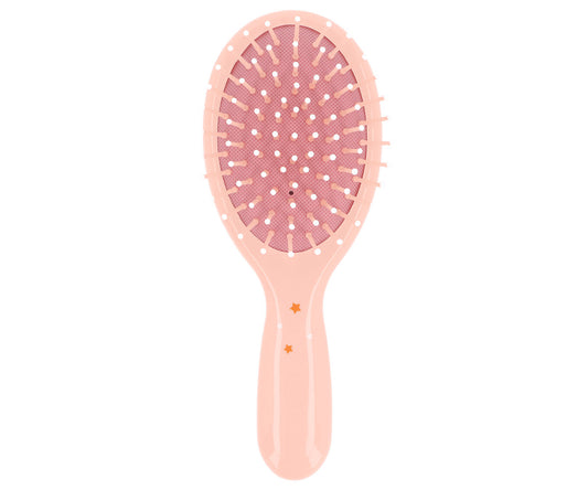 Spazzola Capelli Mouse Fairies Tutete - vista retro con setole in nylon con sfera protettiva bianca su cuscinetto rosa cipria e stelle dorate sul manico