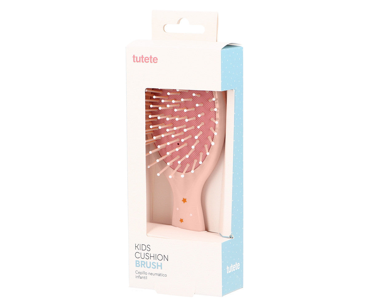Spazzola Capelli Mouse Fairies Tutete - confezione originale Tutete Kids Cushion Brush con finestra trasparente che mostra le setole rosa cipria e stelle dorate sul manico
