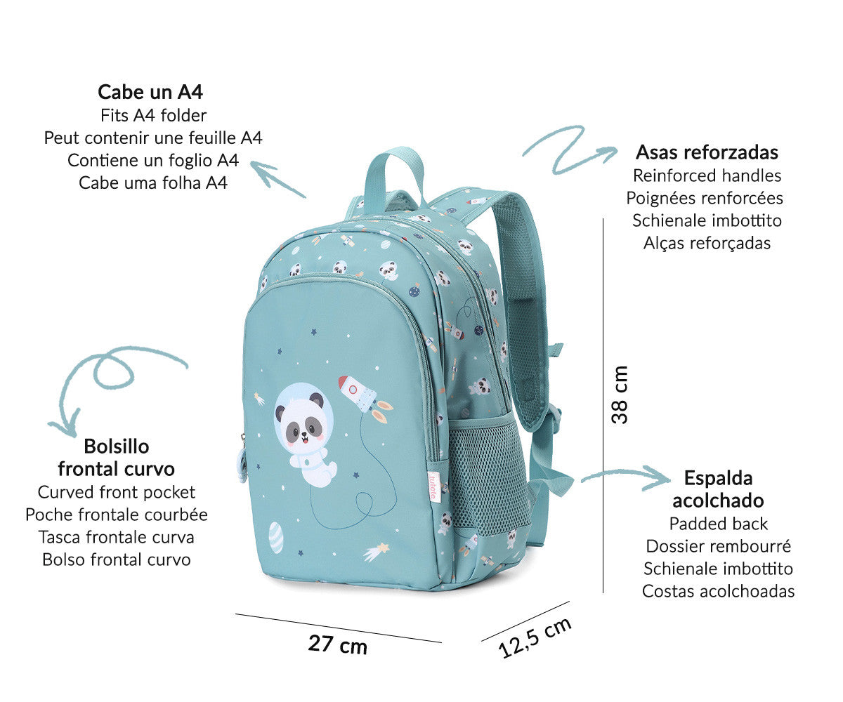 Zaino Medio Pandas in Space Tutete - dettaglio tasca laterale a rete portabottiglie e zip con tiretto silicone