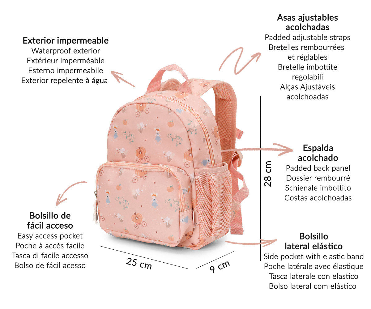 Zainetto Mouse Fairies Tutete Piccolo - schema misure: 28cm altezza, 25cm larghezza, 9cm profondità, con dettaglio caratteristiche impermeabile spallacci imbottiti tasca facile accesso tasca laterale elastica