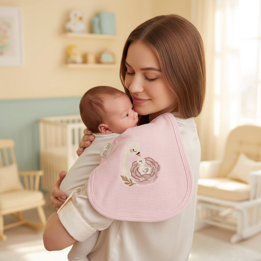Little Bird - Telospalla Cigni Mamma e Figlio Rosa - 100% Cotone Anallergico - Personalizzabile
