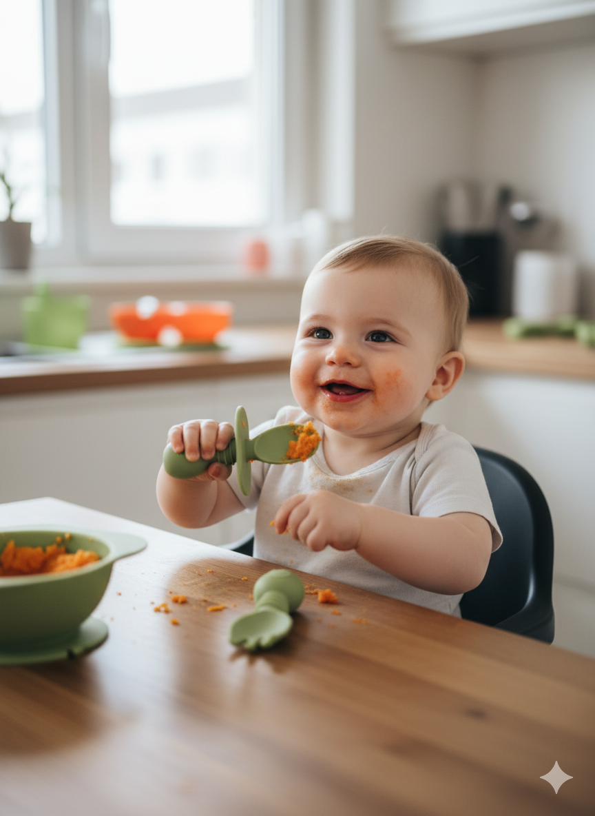 Set Posate Svezzamento 2-in-1 in Silicone BPA Free Olive - Forchetta e Cucchiaio Massaggiagengive Little Bird