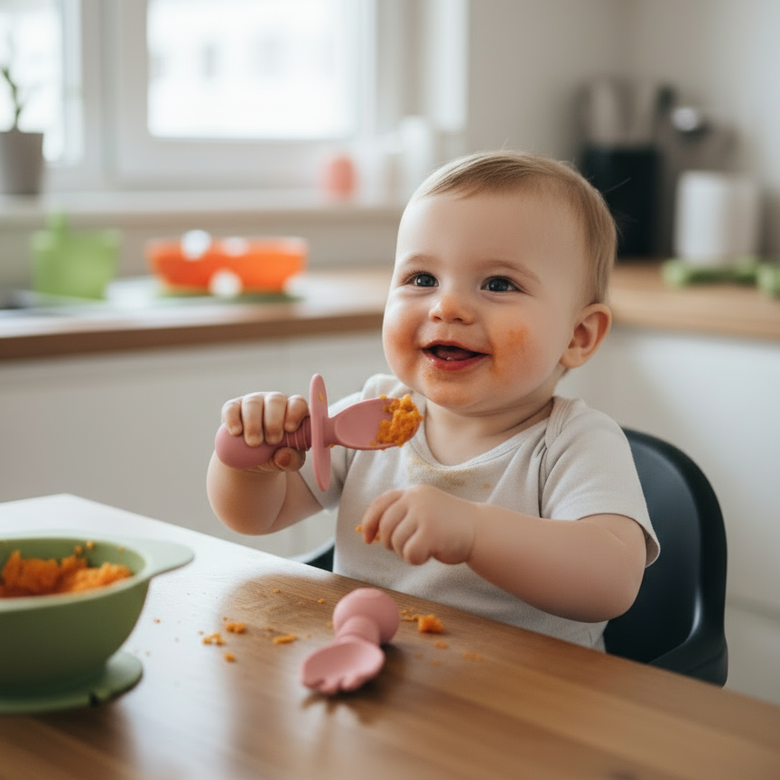Set Posate Svezzamento 2-in-1 in Silicone BPA Free Rose Pink - Forchetta e Cucchiaio Massaggiagengive Little Bird
