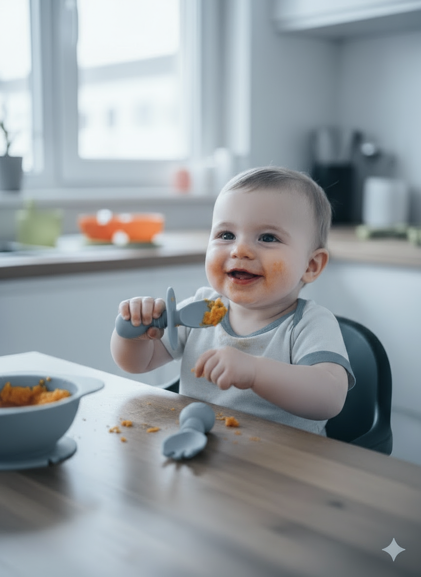 Set Posate Svezzamento 2-in-1 in Silicone BPA Free Dusty Blue - Forchetta e Cucchiaio Massaggiagengive Little Bird