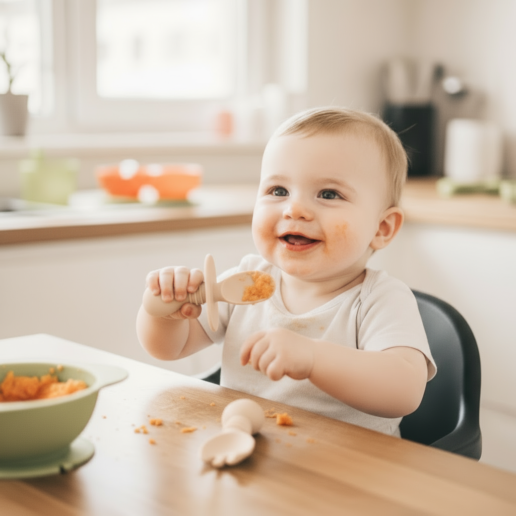 Set Posate Svezzamento 2-in-1 in Silicone BPA Free Beige - Forchetta e Cucchiaio Massaggiagengive Little Bird