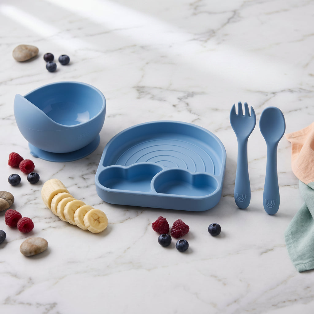 Set Pappa Svezzamento Arcobaleno Dusty Blu in Silicone - 100% BPA Free - Little Bird
