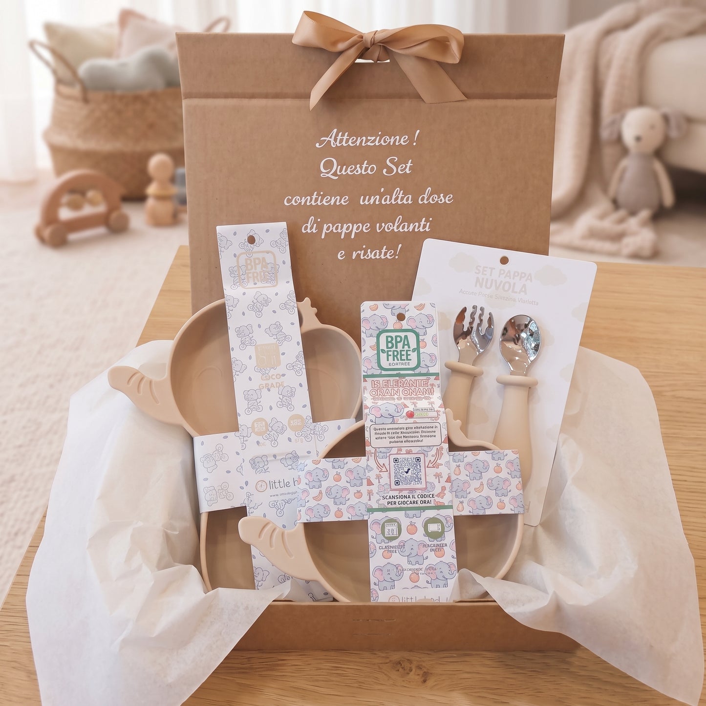 Set Pappa Svezzamento Elefante Beige - 100% BPA Free - Idea Regalo Prima Pappa - Little Bird