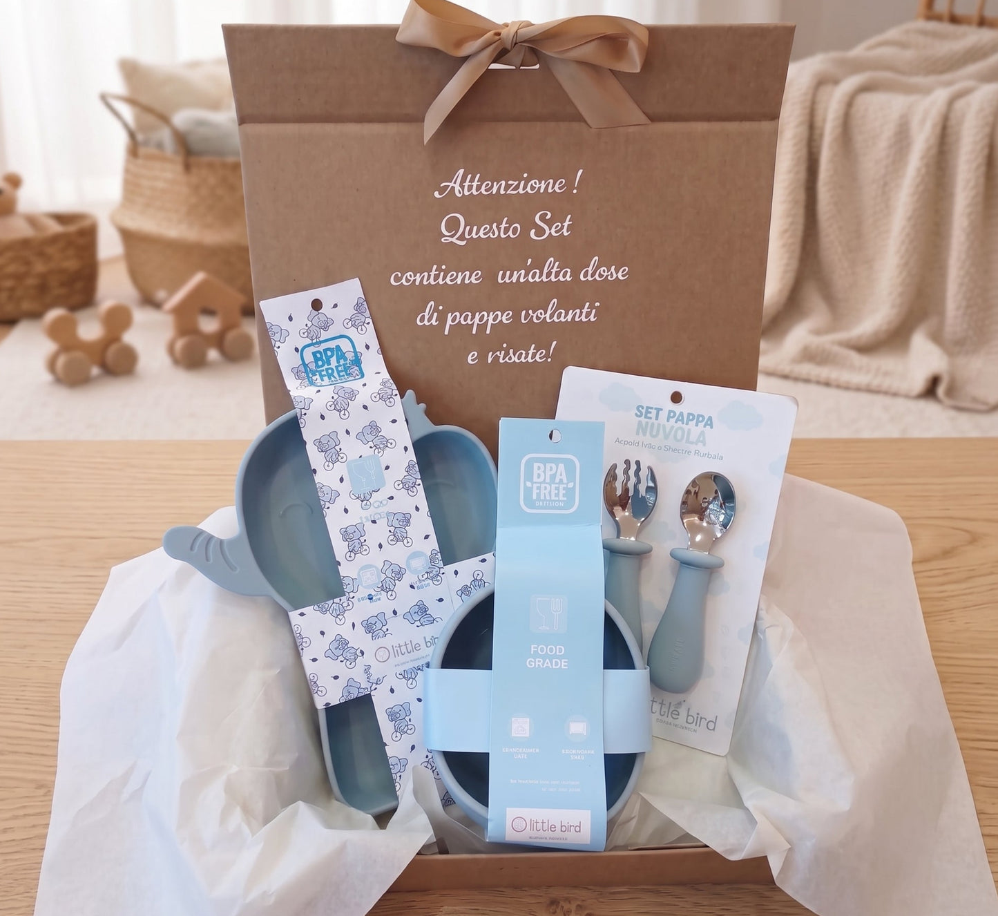 Set Pappa Svezzamento Elefante Dusty Blu - 100% BPA Free - Idea Regalo Prima Pappa - Little Bird