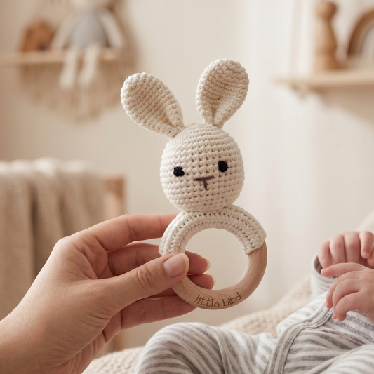 Sonaglino Coniglietto Amigurumi e Legno Naturale - Little Bird