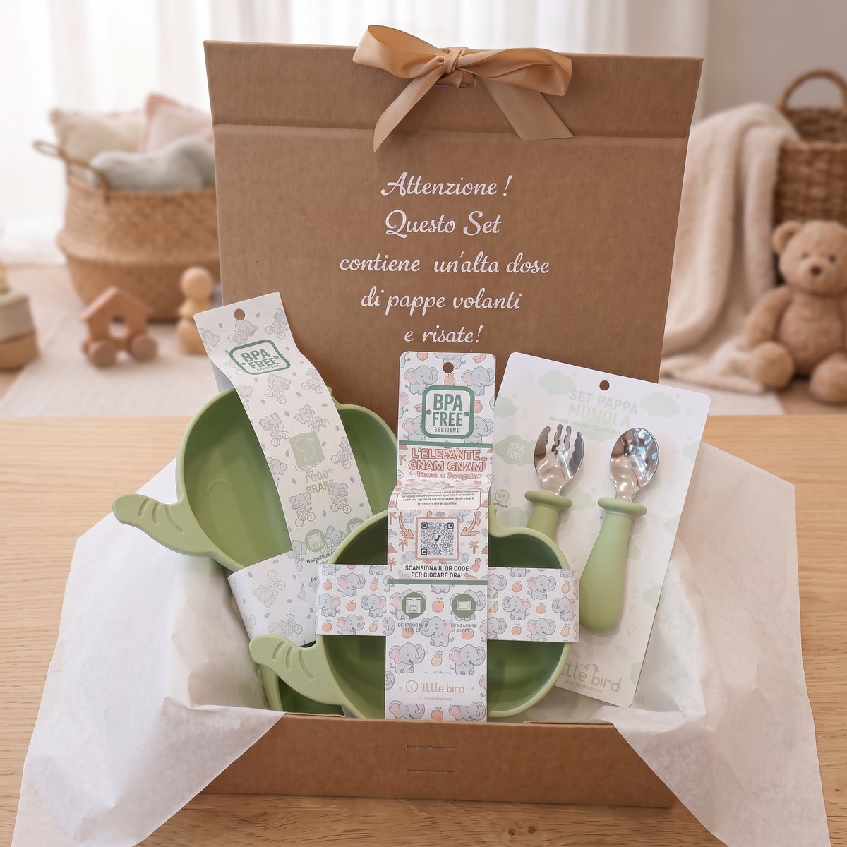 Set Pappa Svezzamento Elefante Verde - 100% BPA Free - Idea Regalo Prima Pappa - Little Bird