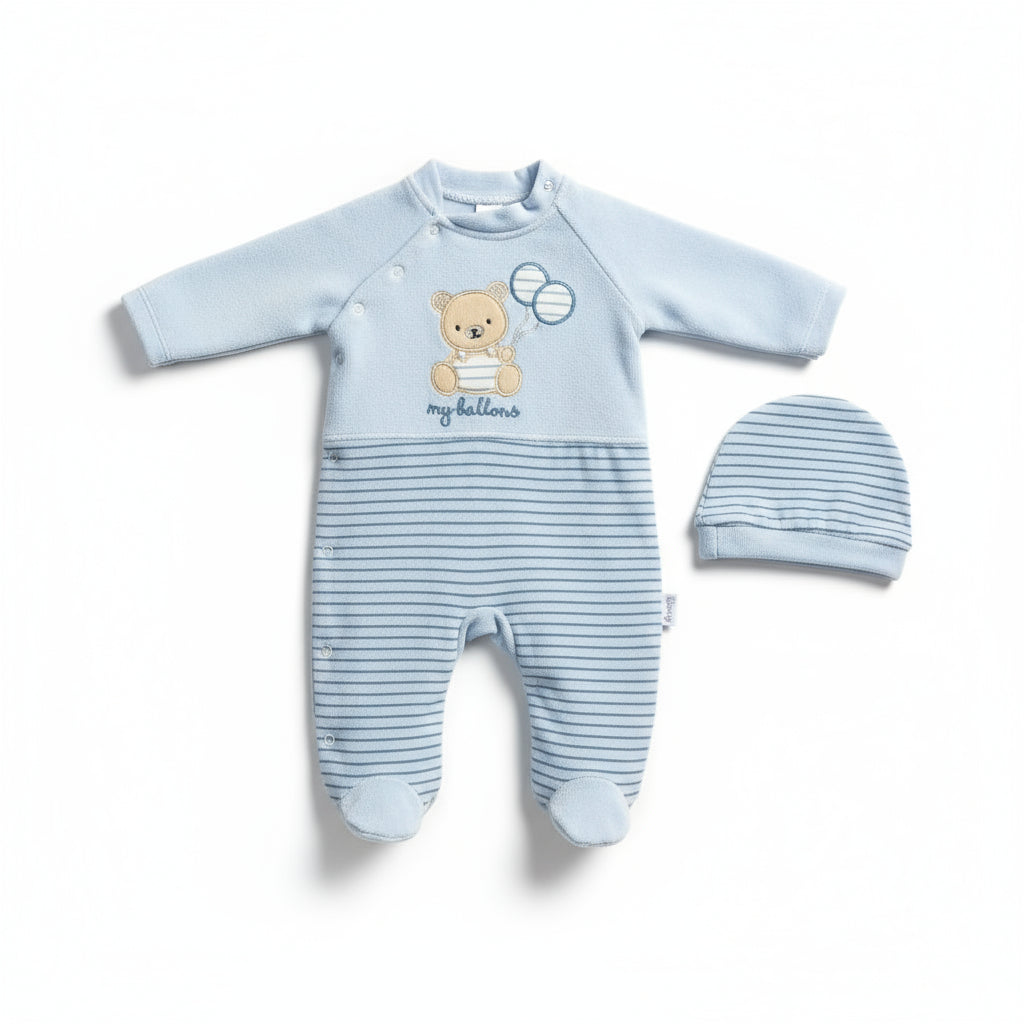 Tutina Neonato con Piedini Azzurra - Orsetto My Balloons + Cappelino