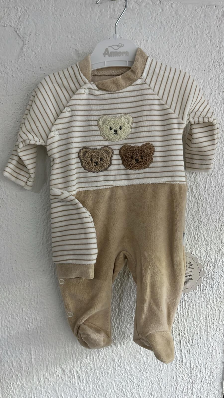 Tutina Neonato con Piedini Beige a Righe - Tre Orsetti - Cappellino