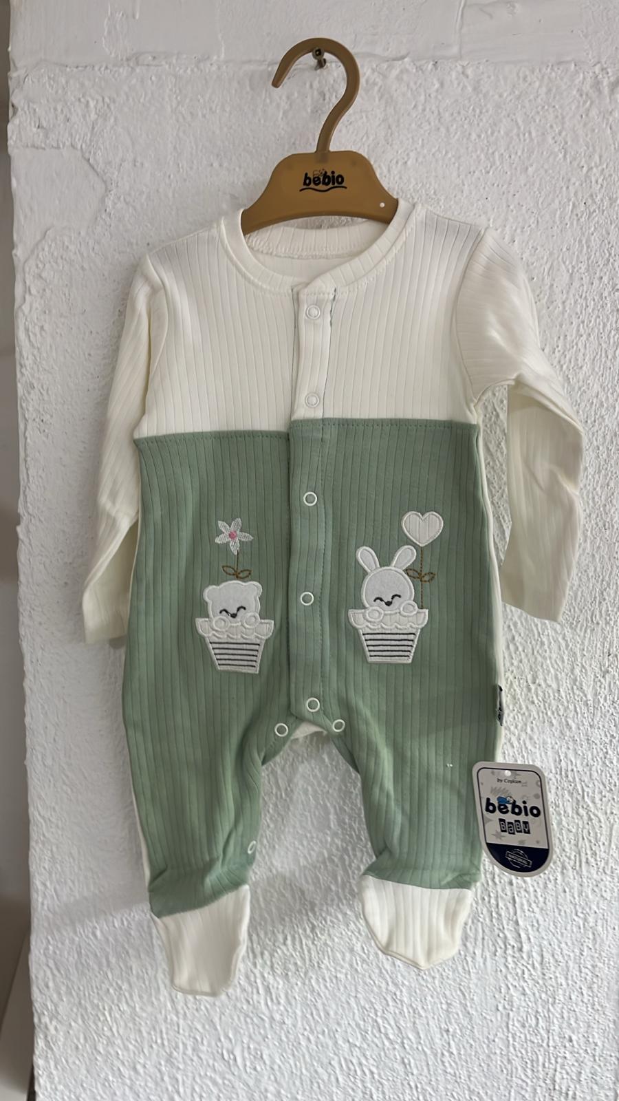 Tutina Neonato Beblo con Piedini Verde Salvia - Coniglietto e Cactus