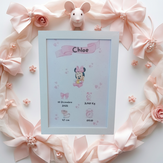 Little Bird - Quadretto Nascita Minnie Personalizzato con Nome, Data, Peso, Altezza e Orario - Idea Regalo Nascita e Battesimo