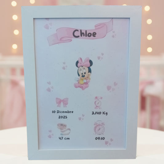 Little Bird - Quadretto Nascita Minnie Personalizzato con Nome, Data, Peso, Altezza e Orario - Idea Regalo Nascita e Battesimo