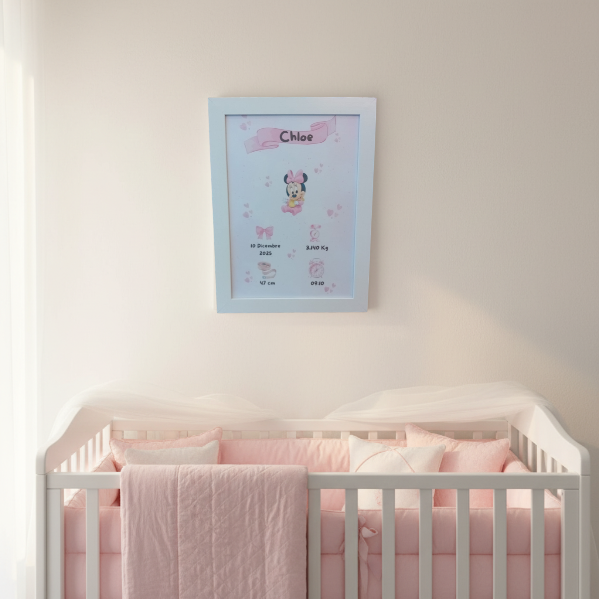 Little Bird - Quadretto Nascita Minnie Personalizzato con Nome, Data, Peso, Altezza e Orario - Idea Regalo Nascita e Battesimo