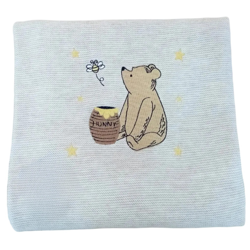 Little Bird - Copertina in Filo Winnie the Pooh Personalizzata con Nome - Cotone Naturale - Culla Carrozzina Scialletto - Regalo Nascita