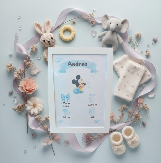 Little Bird - Quadretto Nascita Topolino Personalizzato con Nome, Data, Peso, Altezza e Orario - Idea Regalo Nascita e Battesimo