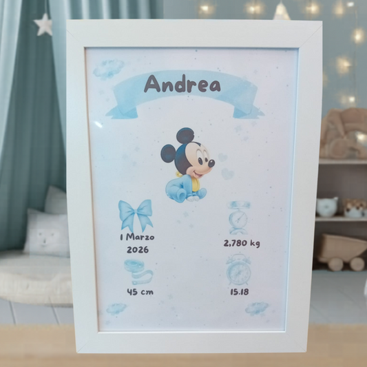 Little Bird - Quadretto Nascita Topolino Personalizzato con Nome, Data, Peso, Altezza e Orario - Idea Regalo Nascita e Battesimo