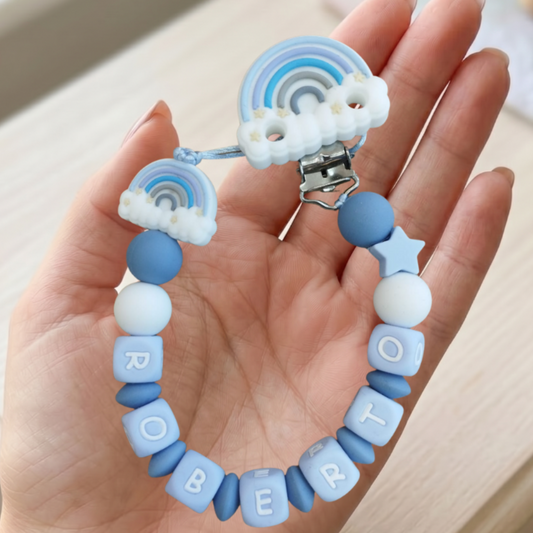 Little Bird- Portaciuccio Arcobaleno Celeste personalizzato con nome - 100% BPA free - Regalo Nascita