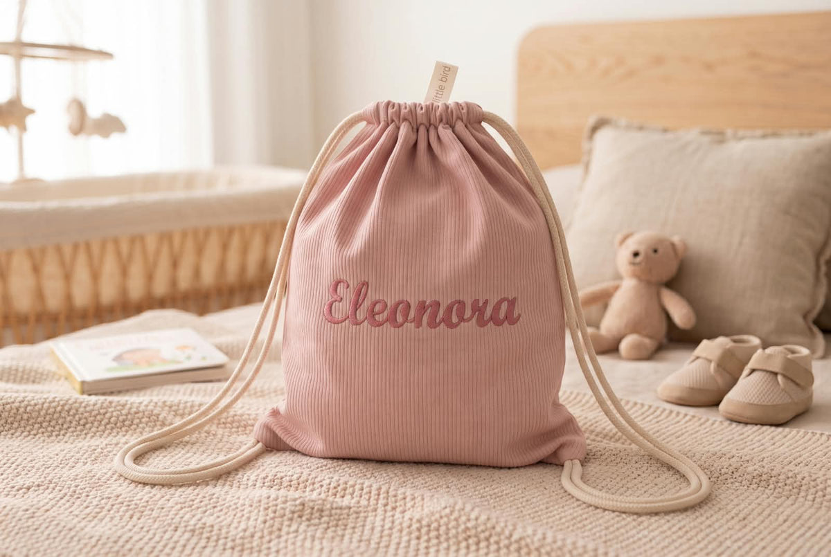 Little Bird - Pochette Rangement Bébé en Coton Vieux Rose - 100% Coton - Personnalisable - Organisateur Sac à Langer