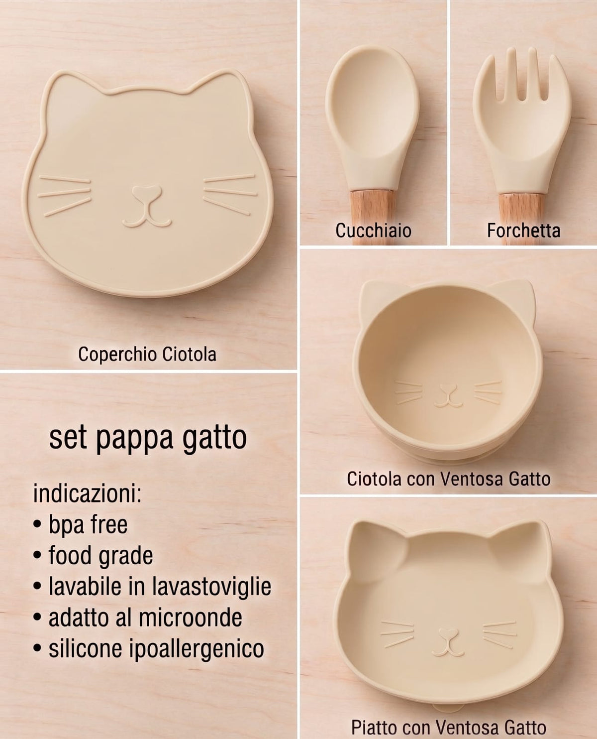 Set Pappa Svezzamento Gatto Beige - 100% BPA Free - Idea Regalo Prima Pappa - Little Bird
