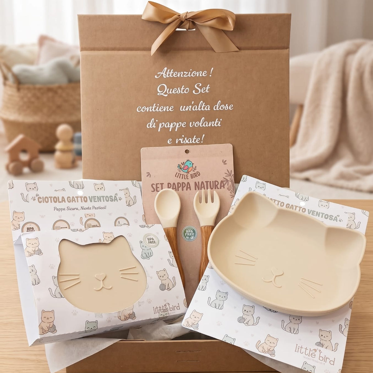 Set Pappa Svezzamento Gatto Beige - 100% BPA Free - Idea Regalo Prima Pappa - Little Bird