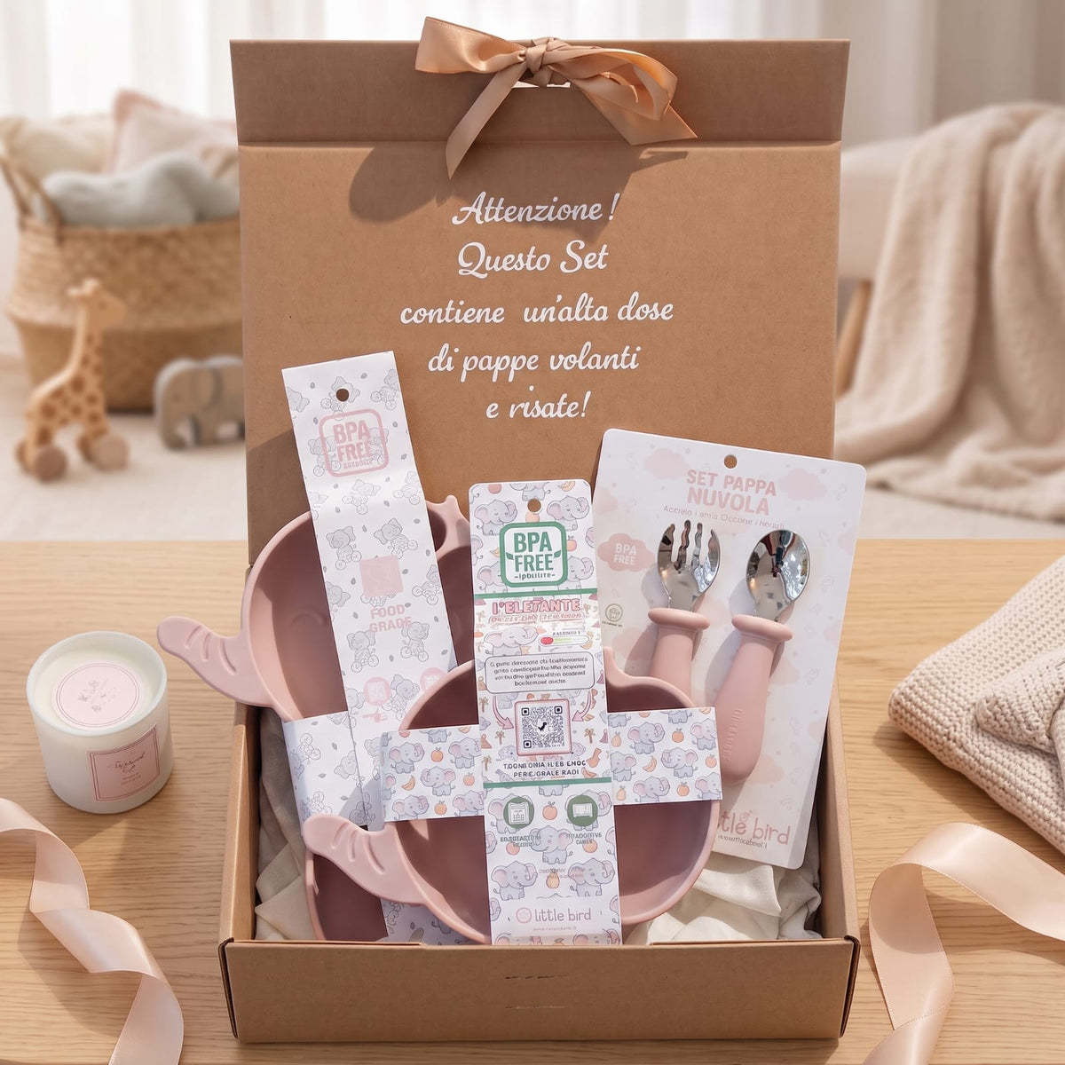 Set Pappa Svezzamento Elefante Rosa - 100% BPA Free - Idea Regalo Prima Pappa - Little Bird