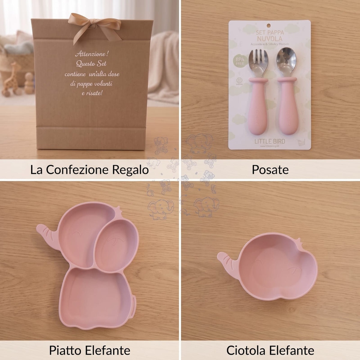 Set Pappa Svezzamento Elefante Rosa - 100% BPA Free - Idea Regalo Prima Pappa - Little Bird