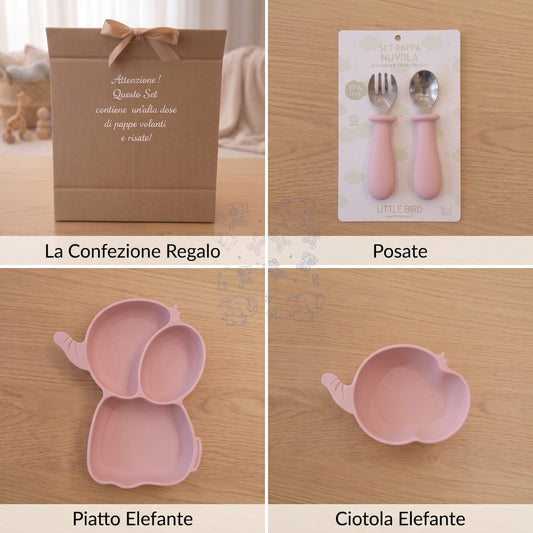 Set Pappa Svezzamento Elefante Rosa - 100% BPA Free - Idea Regalo Prima Pappa - Little Bird