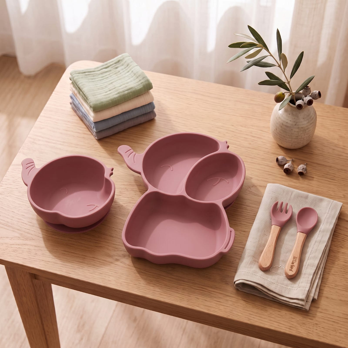 Set Pappa Svezzamento Elefante Rosa - 100% BPA Free - Idea Regalo Prima Pappa - Little Bird