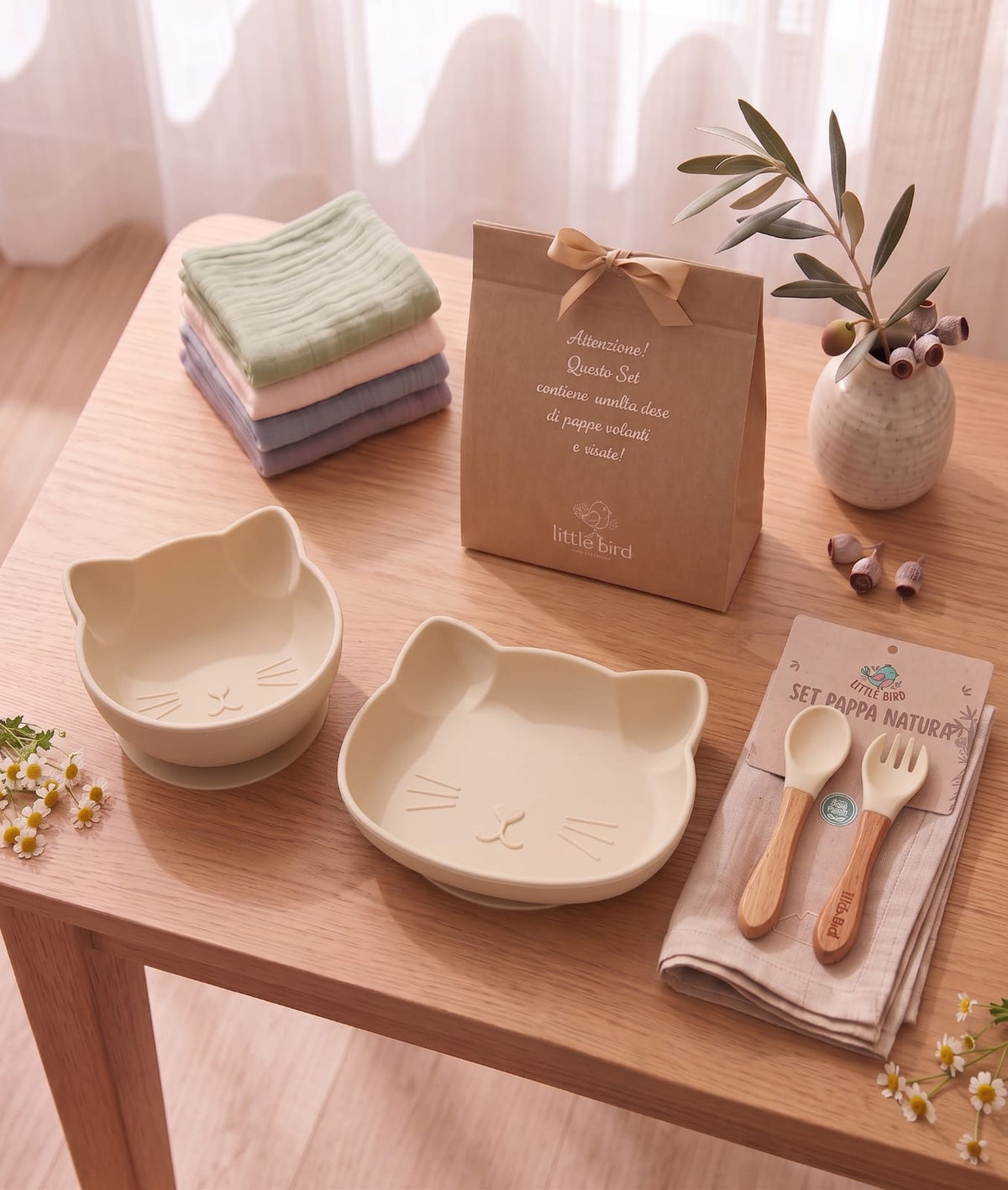 Set Pappa Svezzamento Gatto Beige - 100% BPA Free - Idea Regalo Prima Pappa - Little Bird