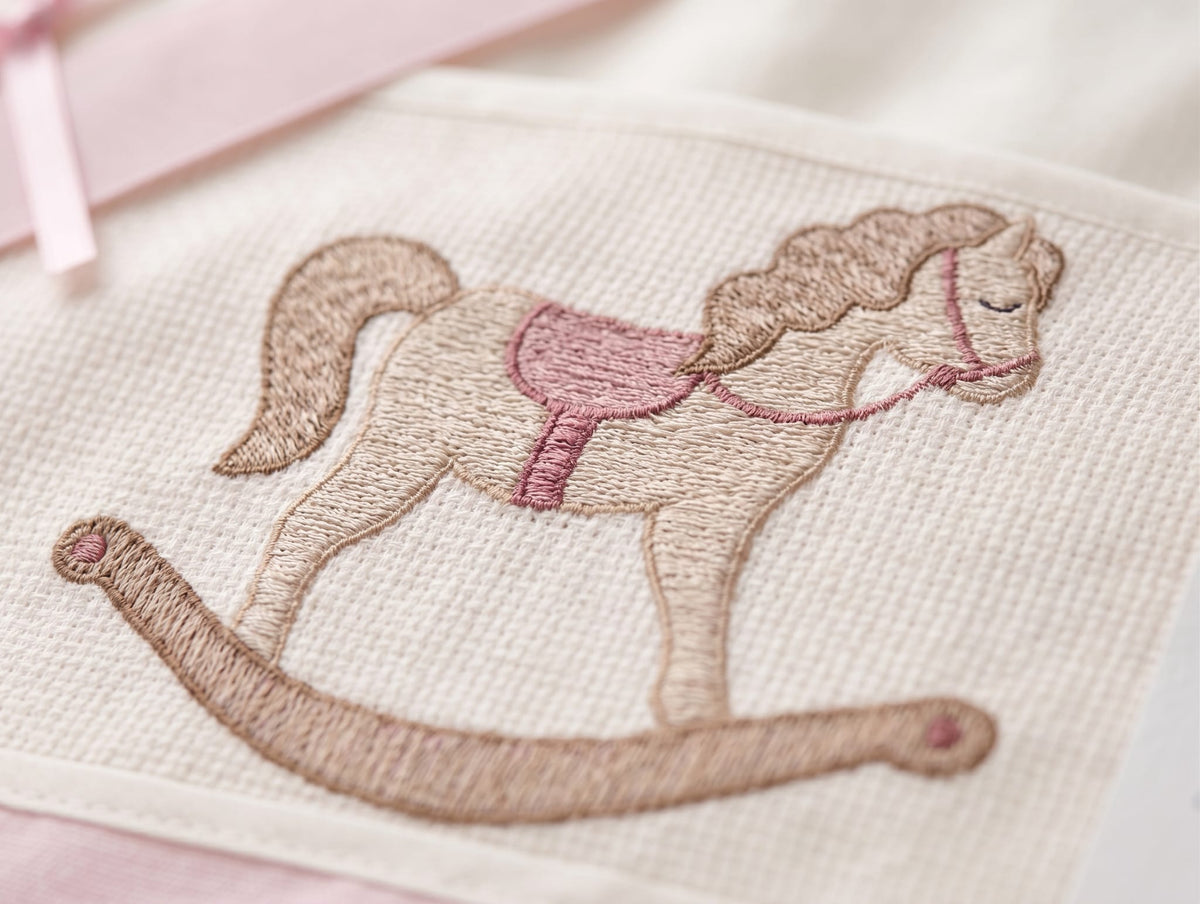 Little Bird - Lenzuolino Cavalluccio a Dondolo Rosa Personalizzabile con Nome - Cotone 100% - Bordo Rosa - Carrozzina e Culla