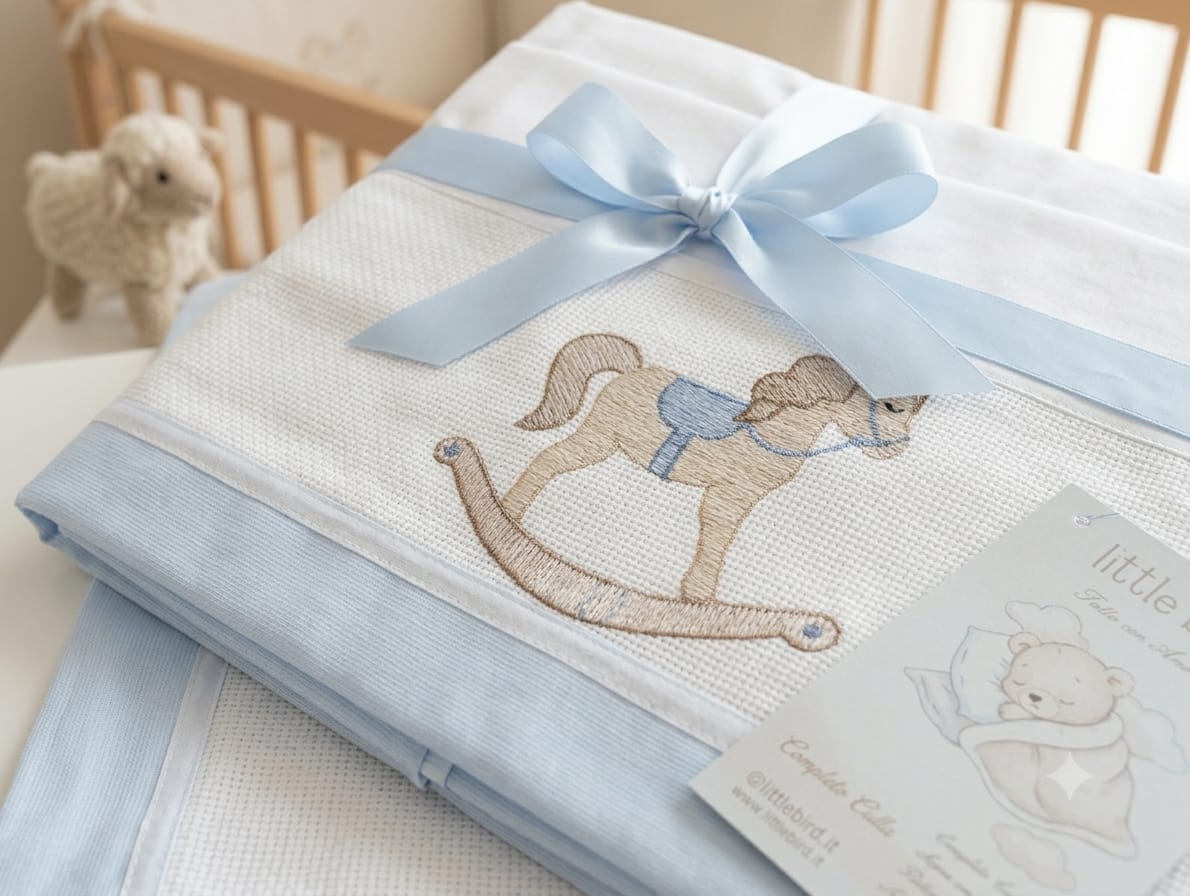 Little Bird - Lenzuolino Cavalluccio a Dondolo Azzurro Personalizzabile con Nome - Cotone 100% - Bordo Azzurro - Carrozzina e Culla