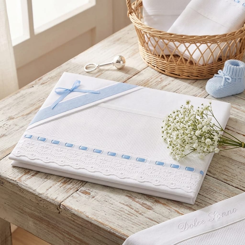 Little Bird - Lenzuolino Celeste Pizzo San Gallo Personalizzabile con Nome - Cotone 100% - Carrozzina o Culla Neonato - Regalo Nascita