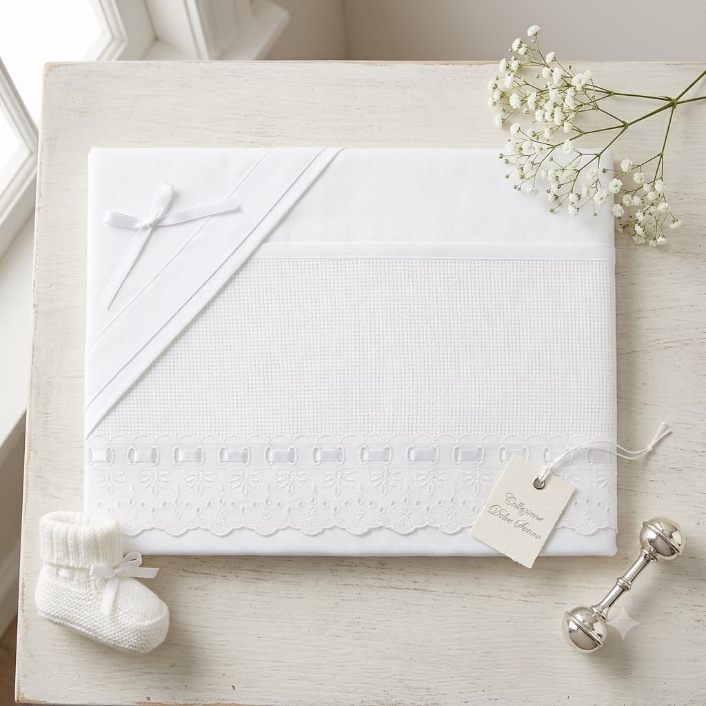 Little Bird - Lenzuolino Bianco Pizzo San Gallo Personalizzabile con Nome - Cotone 100% - Carrozzina o Culla Neonato - Regalo Nascita