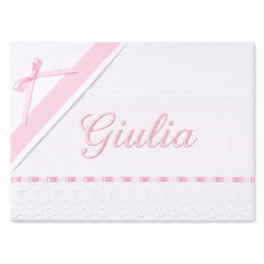 Little Bird - Lenzuolino Rosa Pizzo San Gallo Personalizzabile con Nome - Cotone 100% - Carrozzina o Culla Neonato - Regalo Nascita