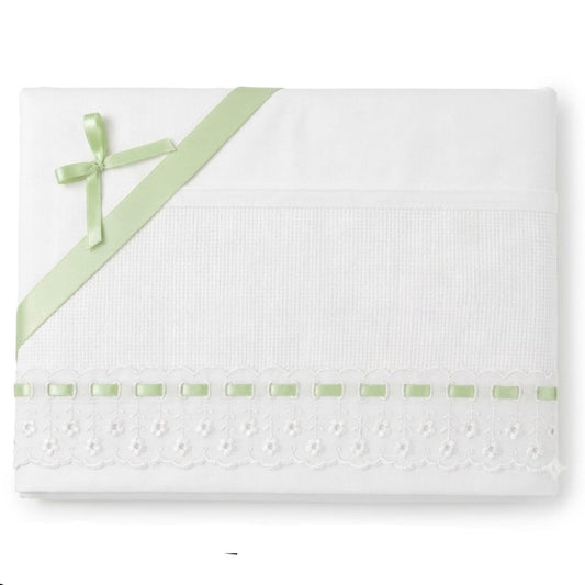 Little Bird - Lenzuolino Verde Pizzo San Gallo Personalizzabile con Nome - Cotone 100% - Carrozzina o Culla Neonato - Regalo Nascita