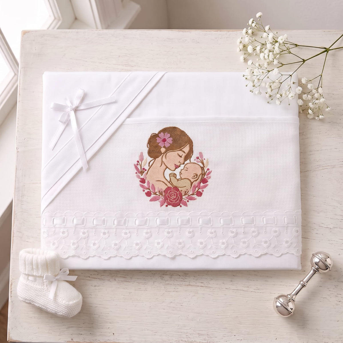 Little Bird - Lenzuolino Mamma e Figlio Personalizzabile con Nome - Cotone 100% - Pizzo San Gallo Bianco - Carrozzina e Culla