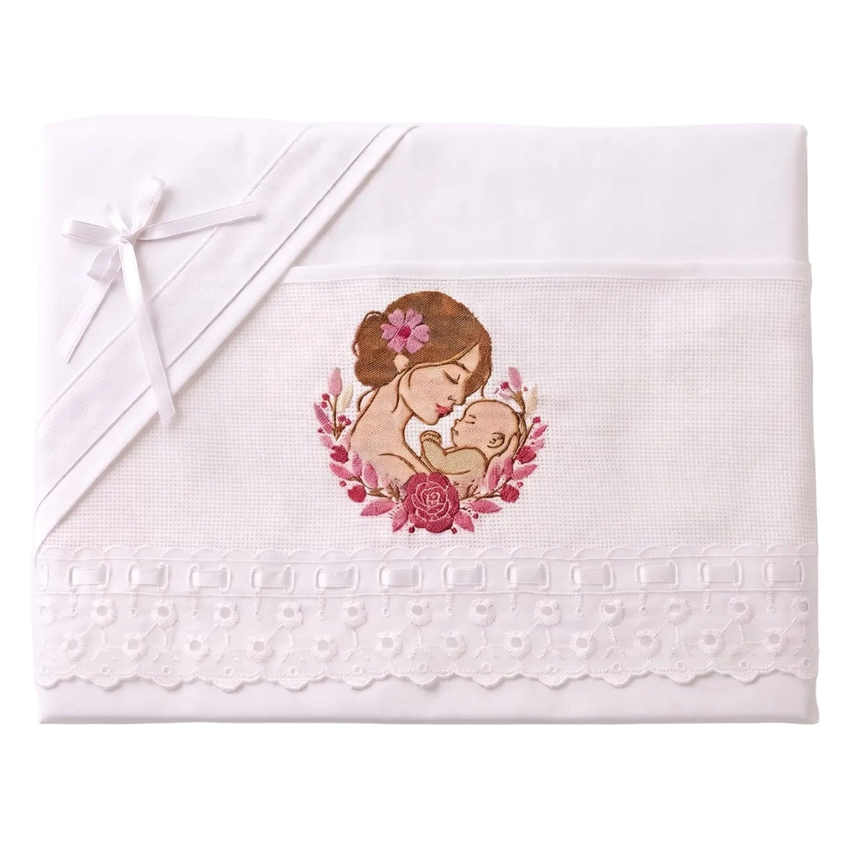 Little Bird - Lenzuolino Mamma e Figlio Personalizzabile con Nome - Cotone 100% - Pizzo San Gallo Bianco - Carrozzina e Culla