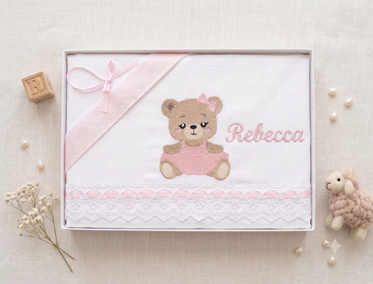Little Bird - Lenzuolino Orsetta Personalizzabile con Nome - Cotone 100% - Carrozzina o Culla Neonato - Regalo Nascita