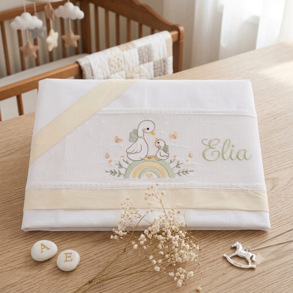 Little Bird - Drap Housse Bébé Canards sur Arc-en-ciel Personnalisable avec Prénom - 100% Coton - Landau Bébé - Cadeau de Naissance